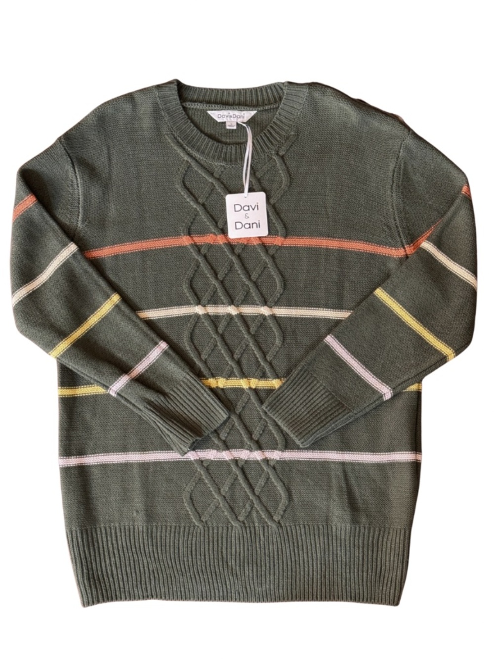 DAVI & DANI ARMY GREEN STRIPE CABLE KNIT SWEATER SIZE LARGE - NWT
